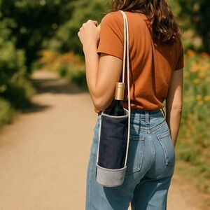 Lands End Single Bottle Wine Tote Made From Denim and Canvas Material